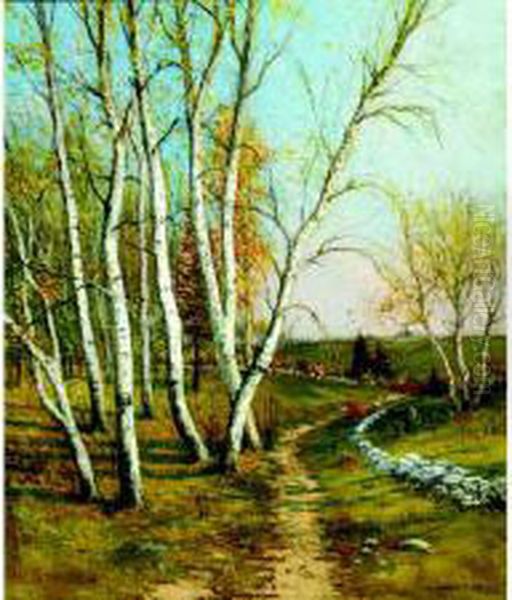 Birches Near A Stone-lined Path Oil Painting by George Howell Gay