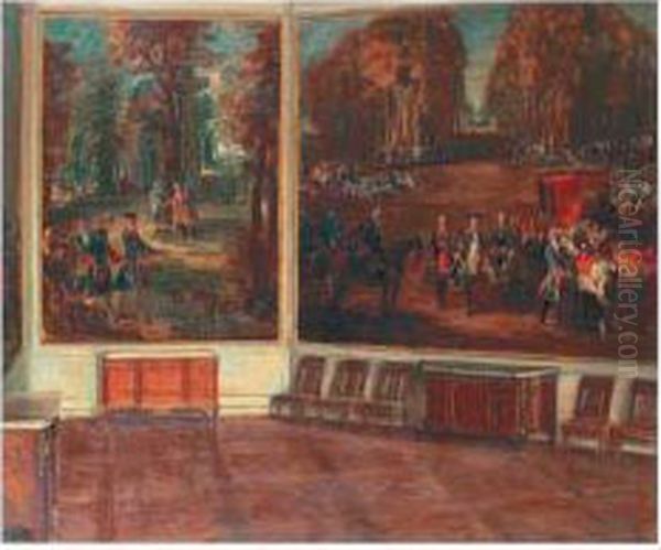 Interieur Du Chateau De Fontainebleau Avec Deux Grands Tableaux De Chasse Oil Painting by Walter Gay