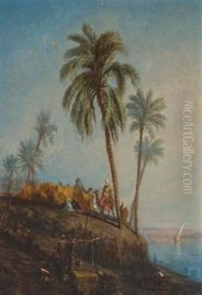 Arab Camp Along A River Oil Painting by Winckworth Allan Gay