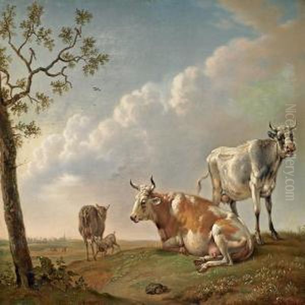 Cows And Sheepat The Field Oil Painting by Christian David Gebauer