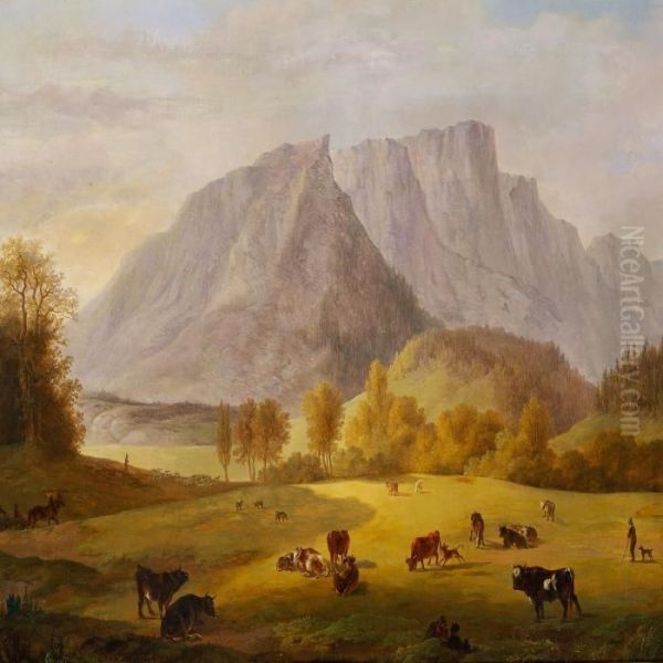 Cows In A Meadow In The Alps Oil Painting by Christian David Gebauer