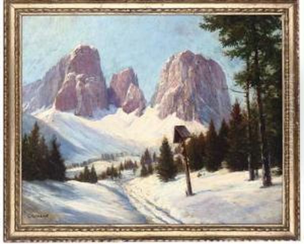 A Crucifix Beside The Pordoi Pass, The Sasso Lungo Covered In Snow Beyond Oil Painting by Ludwig Gebhardt