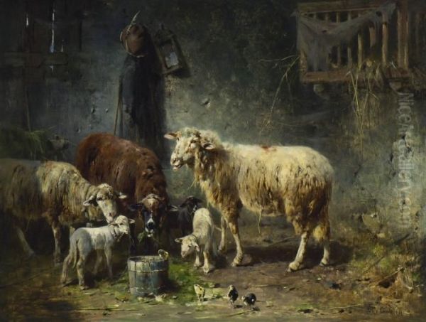 Schafe Und Kuken Im Stall. Oil Painting by Friedrich Otto Gebler