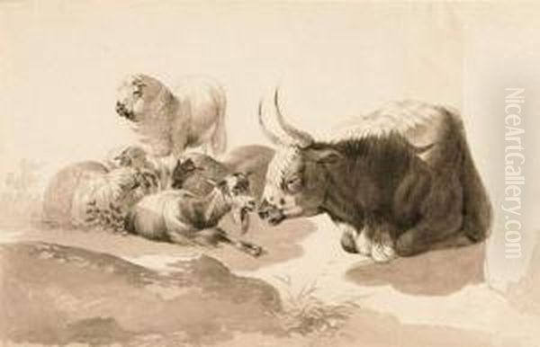 Tierstudie Mit Kuh, Schaf Und Ziege. Oil Painting by Friedrich Otto Gebler