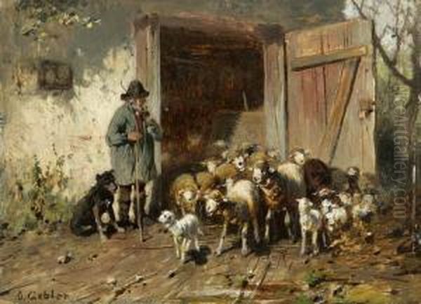 Schafer Mit Herde Vor Dem Stall Oil Painting by Friedrich Otto Gebler