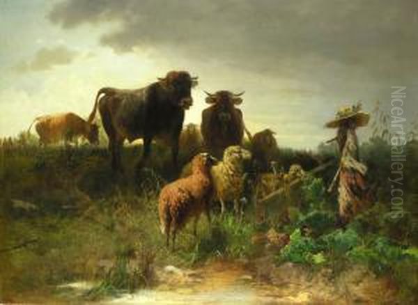 Schafe Und Kuhe Vor Einer Vogelscheuche Oil Painting by Friedrich Otto Gebler