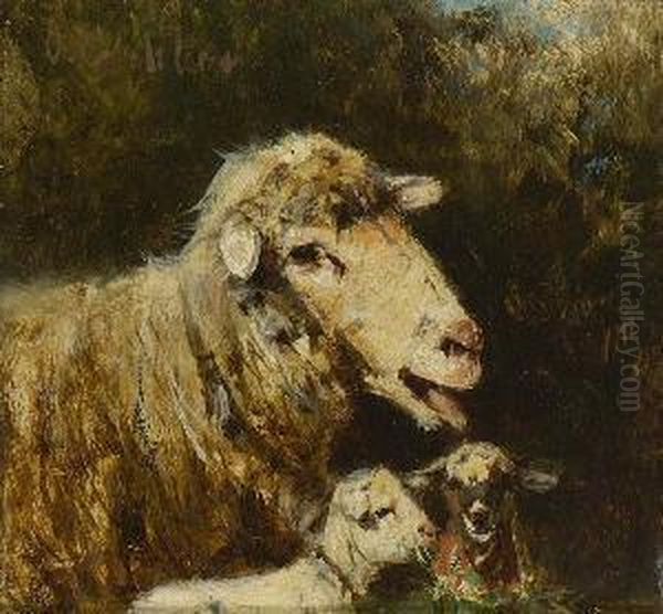 Mutterschaf Mit Zwei
 Lammern. Oil Painting by Friedrich Otto Gebler