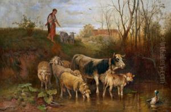 Hirtin Mit Schafen Und Kuhen An Der Furt Oil Painting by Friedrich Otto Gebler