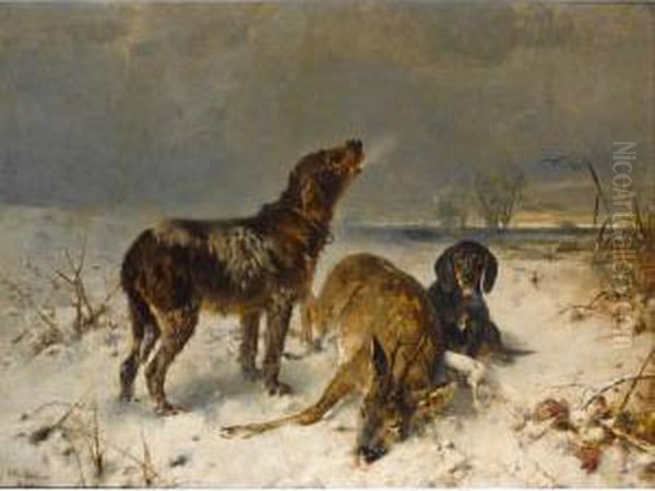 Two Hunting Dogs With Their Catch Oil Painting by Friedrich Otto Gebler