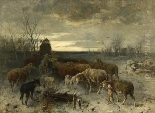 Hirte Mit Schafherde In
 Winterlandschaft. Oil Painting by Friedrich Otto Gebler