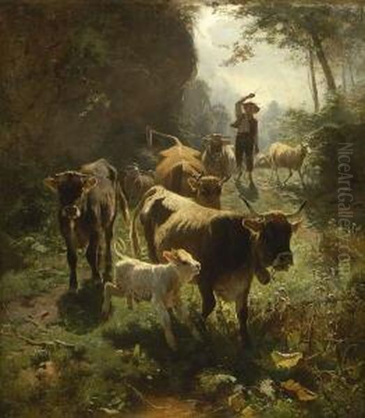 Junger Hirte Mit Rindern Und
 Schafen Auf Dem Waldweg. Oil Painting by Friedrich Otto Gebler