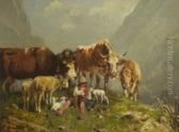 Rastender Huterjunge Mit
 Vieh Oil Painting by Friedrich Otto Gebler