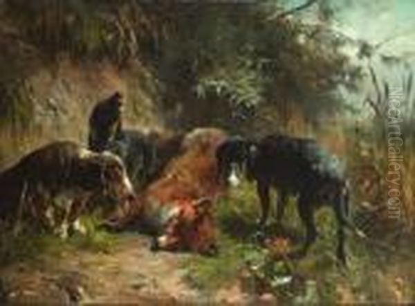 Drei Jagdhunde Bei Einem Erlegten
 Fuchs. Oil Painting by Friedrich Otto Gebler