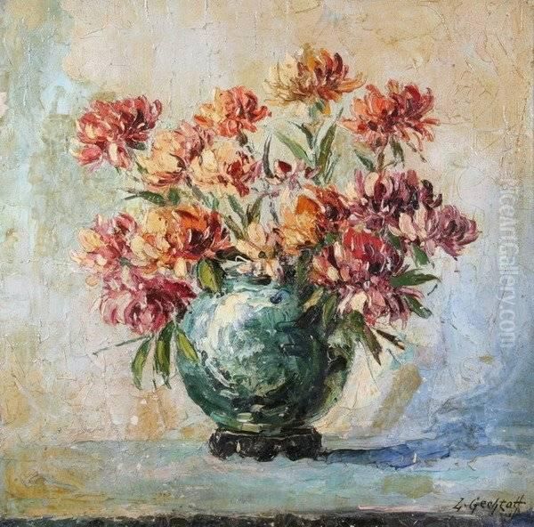 Dahlias In A Blue Vase Oil Painting by Leonid Gechtoff