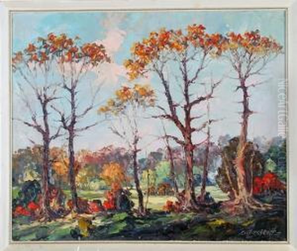 Trees With Golden Leaves, Landscape Oil Painting by Leonid Gechtoff