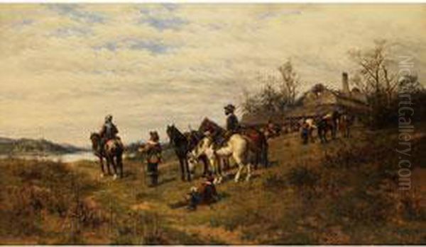 Reiter Bei Der Rast Vor Tiefer Landschaft Oil Painting by Ludwik Gedlek