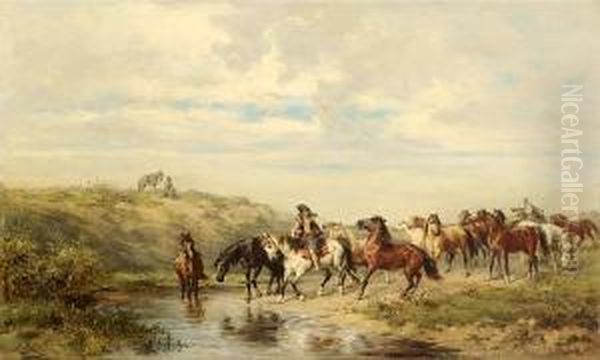 Chevaux A L'abreuvoir Oil Painting by Ludwik Gedlek