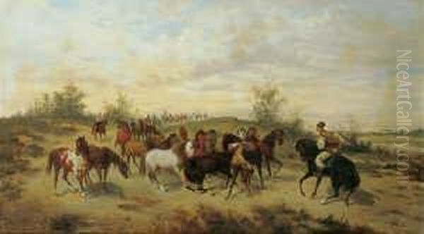 Berittene Pferdehirten In Der Ungarischen Puszta. Oil Painting by Ludwik Gedlek