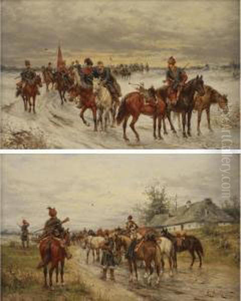 Mounted Cossacks: A Pair Oil Painting by Ludwik Gedlek