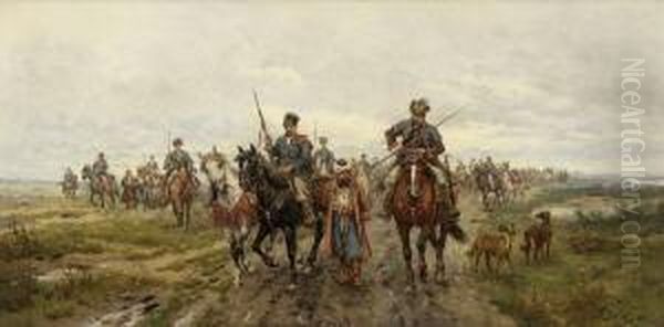 Kosaken Mit Turkischem Gefangenen
 Auf Dem Heimweg. Oil Painting by Ludwik Gedlek