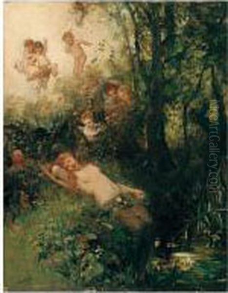 Schlafende Nymphe Am Bach (sleeping Nymph) Oil Painting by Carl Gehrts