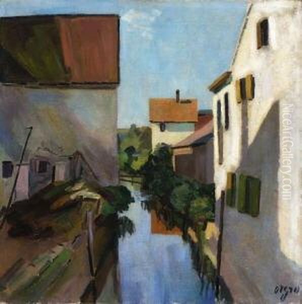 Hauser Am Kanal. Oil Painting by Otto Geigenberger