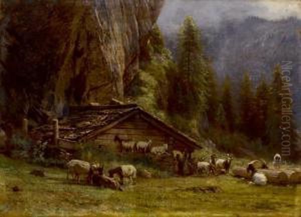 Ziegen Vor Einem Chalet Oil Painting by Johann Joseph Geisser