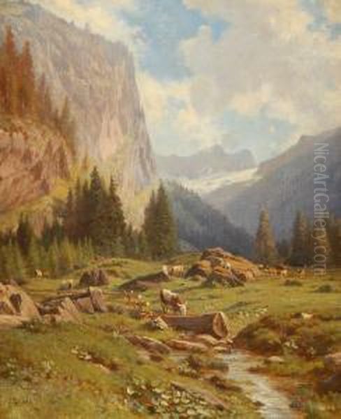 Swiss Mountain Landscape Oil Painting by Johann Joseph Geisser