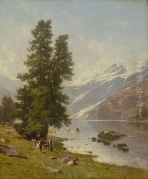 River Landscape With The Swiss Alps In The Background Oil Painting by Johann Joseph Geisser