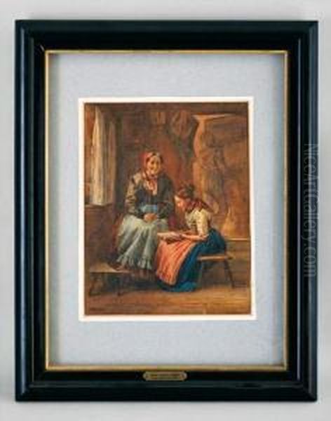 Lecture Al'aieule Oil Painting by Johann Joseph Geisser