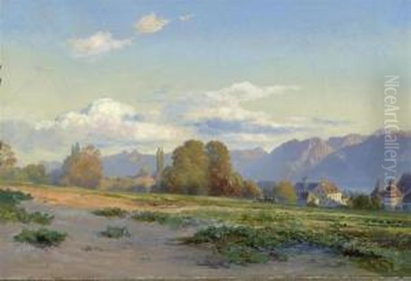 View Over Lake Geneva. 1864. Oil Painting by Johann Joseph Geisser