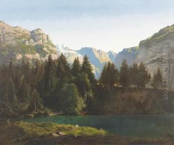 Sommerliche Gebirgspartie Mit Dem Blausee. Oil Painting by Johann Joseph Geisser