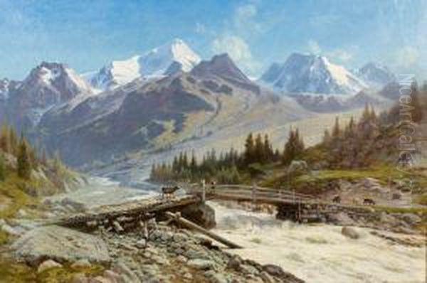 Gebirgspartie Im Val D'arolla Mit Hirten Auf Einer Brucke. Oil Painting by Johann Joseph Geisser