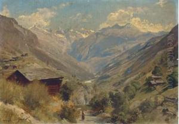 Figure In An Alpine Landscape Oil Painting by Johann Joseph Geisser