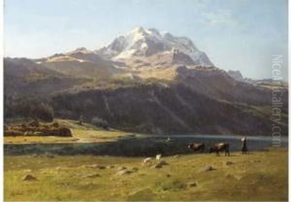 A Swiss Alpine Lake Oil Painting by Johann Joseph Geisser