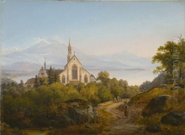 Blick Auf Eine Klosteranlage Uber Dem Vierwaldstattersee. Oil Painting by August Christian Geist