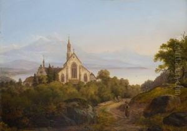 Blick Auf Eine Mittelalterliche
 Klosteranlage Uber Dem Vierwaldstatter See. Oil Painting by August Christian Geist