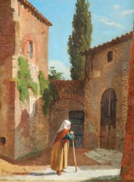 Scorcio Di Cascina Con Contadina Oil Painting by Lorenzo Gelati