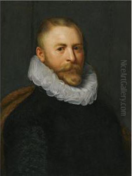 Portrait Of A Man, Bust Length, Wearing A Black Costume With A White Ruff Oil Painting by Gortzius Geldorp