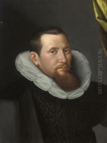 Portrait Of A Gentleman, 
Bust-length, In A Black Embroidereddoublet, Black Cloat And White Ruff Oil Painting by Gortzius Geldorp