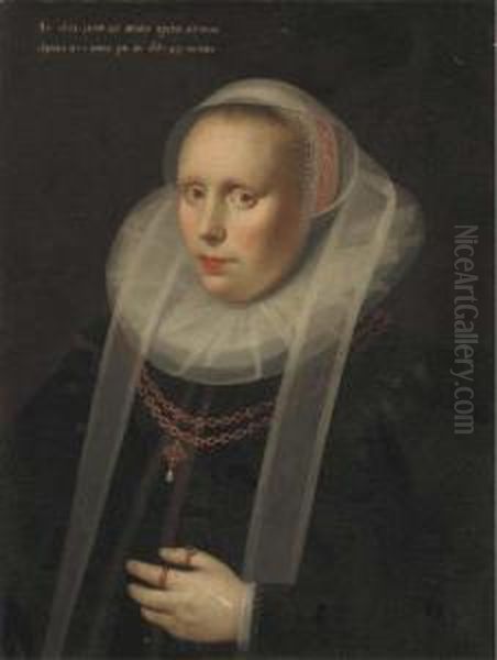 Portrait Of A Lady, Half-length,
 In A Ruff Collar And A Black Silkdress, Wearing A Gold Chain Oil Painting by Gortzius Geldorp