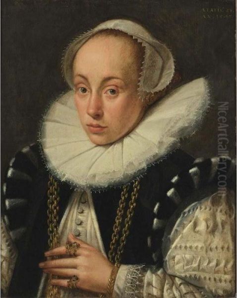 A Portrait Of A Lady, Aged 28, 
Bust Length, Wearing A Black And White Dress With A Lace Collar, A White
 Headdress, Gold Necklace And Jewellery Oil Painting by Gortzius Geldorp