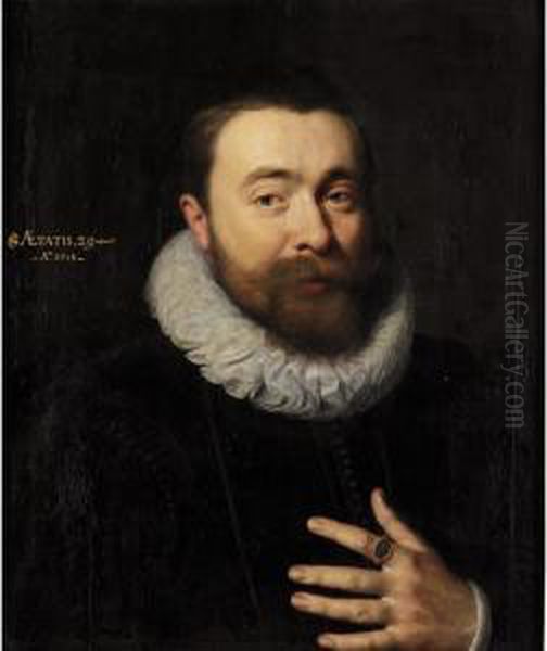 A Portrait Of A Gentleman, Aged 29, Wearing A Black Jacket And A White Ruff Oil Painting by Gortzius Geldorp