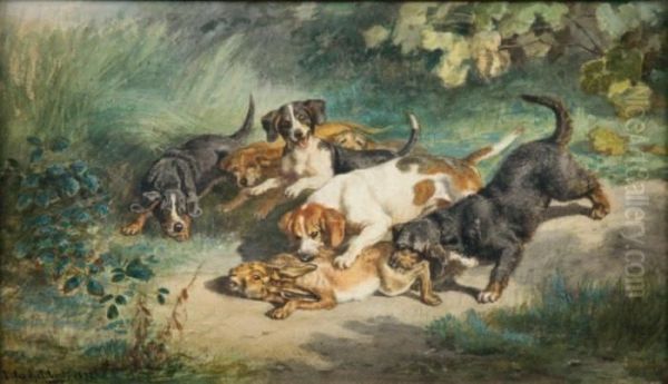 Lievre Prispar Des Chiens Oil Painting by Jules Bertrand Gelibert