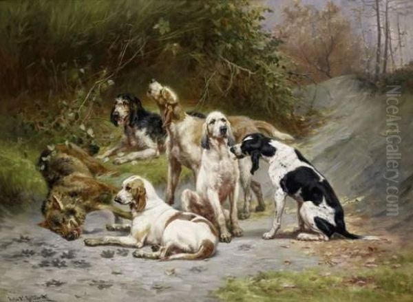 Chiens De Chasse Devant Un Loup Oil Painting by Jules Bertrand Gelibert