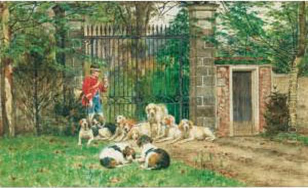 Le Depart Des Chiens Pour La 
Chasse [jules- Bertrand Gelibert And Gaston Gelibert, Dogs Waiting To Go
 Hunting, Watercolour On Paper Slighly Heightened With White, Signed Js 
And Gon Gelibert ] Oil Painting by Jules Bertrand Gelibert