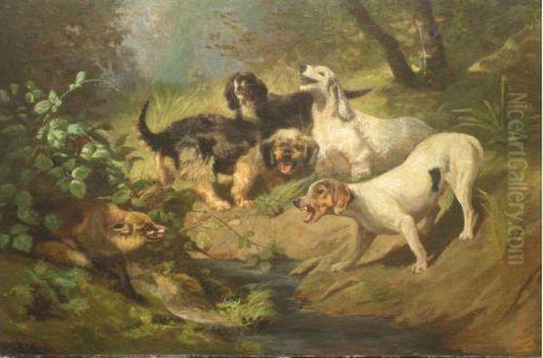 Gelibert < Meute De Chiens Apres Un Renard > Oil Painting by Jules Bertrand Gelibert