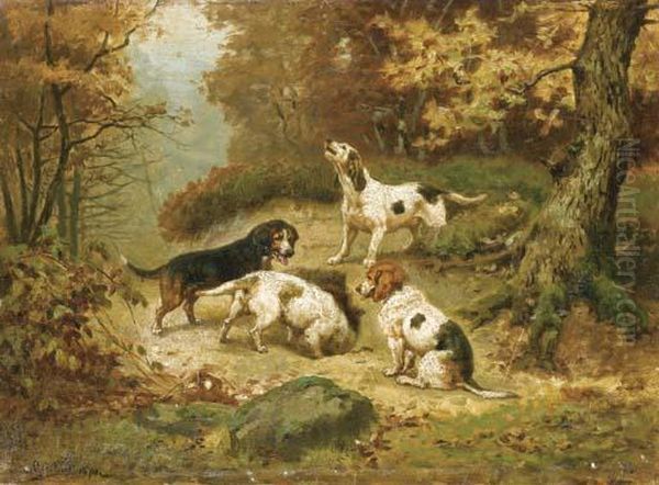 Chiens De Chasse Pres D'un Terrier Oil Painting by Jules Bertrand Gelibert