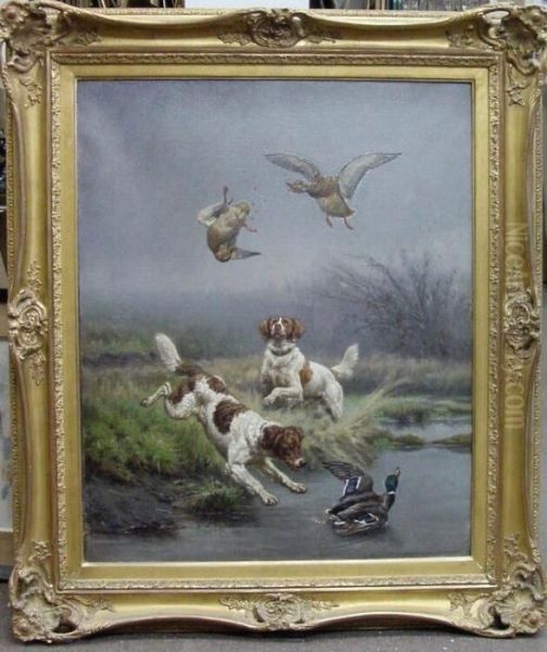 Setters Flushing Mallards Oil Painting by Jules Bertrand Gelibert