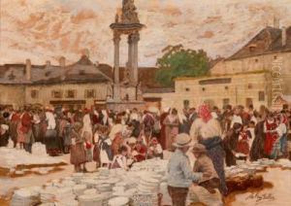 Geschirrmarkt In Krems Oil Painting by Johann Nepomuk Geller